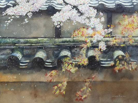 Flores de cerejeira e azulejos japoneses
